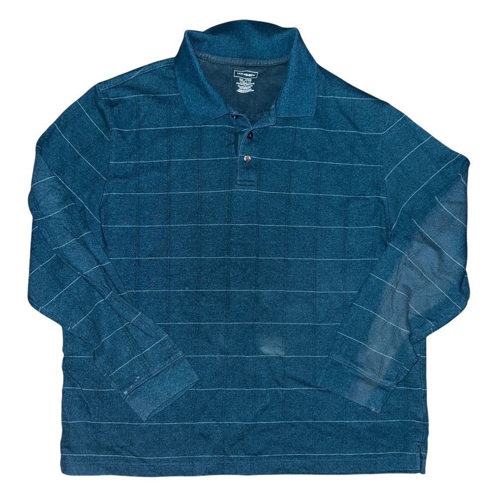 Van Heusen Mens XXL Teal Blue Striped Long Sleeve Polo Shirt Classic Fit Cotton